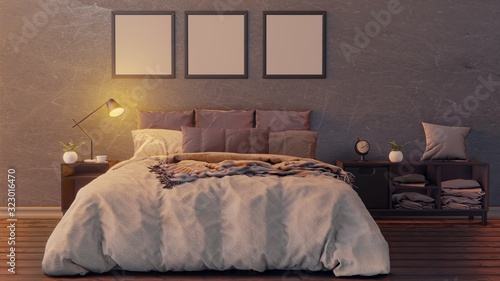 Fotografie Modern master bedroom interior with picture of shipwreck on the wall