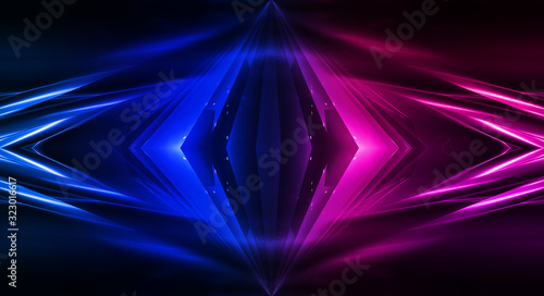Empty stage, blue and pink, purple  neon, abstract background. Rays of searchlights, light, abstract tunnel, corridor. Dark futuristic background, smoke, smog.