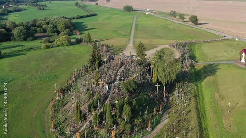 Lithuanian pilgrimage  hill of crosses near Siauliai, aerial view

