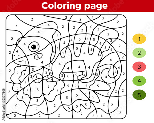 Number coloring page for children. Cartoon chameleon with exotic flower. Jungle animals. Educational game for preschoolers. Learn numbers and colors.
