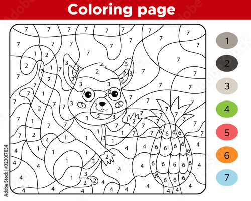 Educational game for preschoolers. Number coloring page. Cute kawaii lemur with pineapple. Jungle animals. Vector illustration.