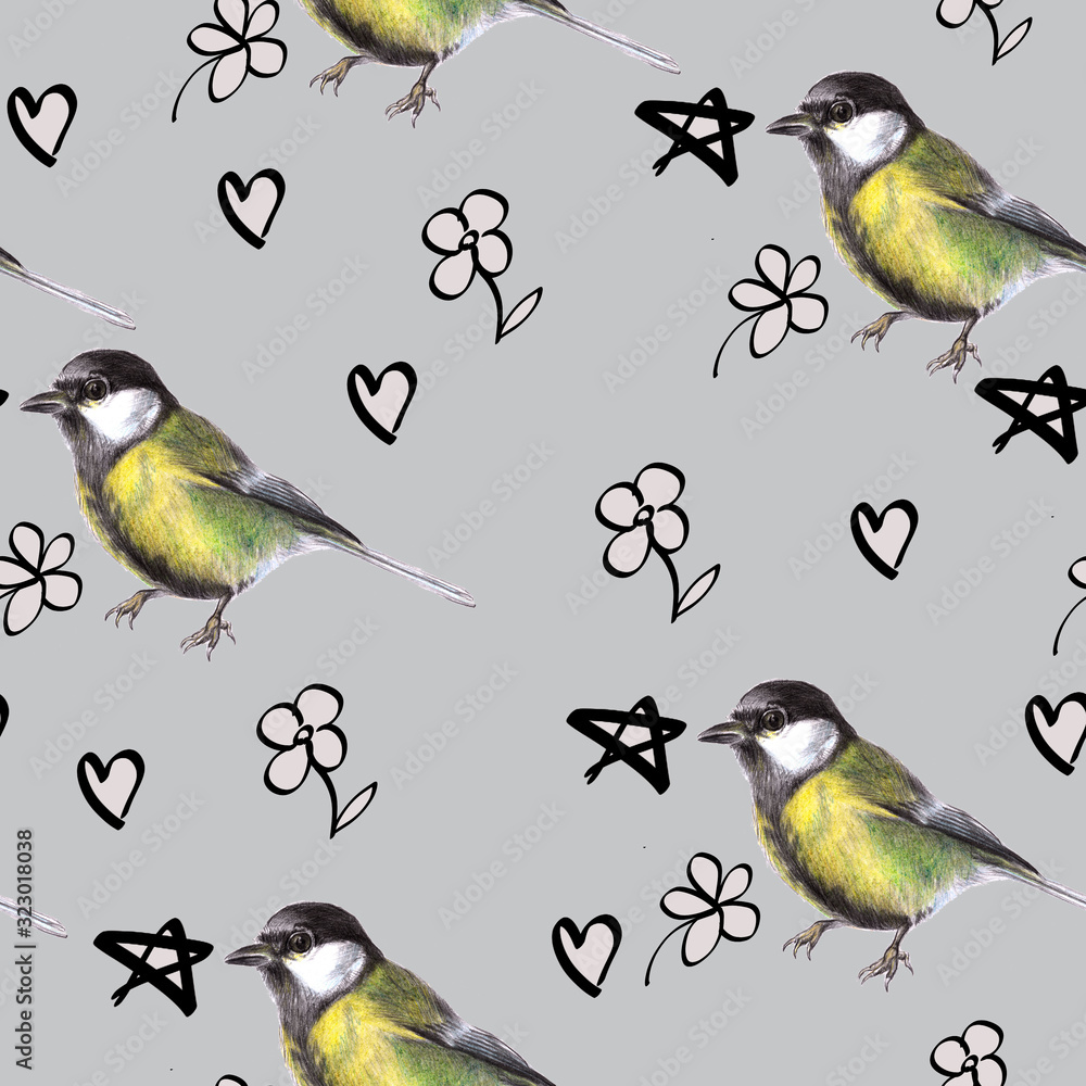 Fototapeta premium Seamless watercolor pattern with drawn birds and design elements on a light gray background..