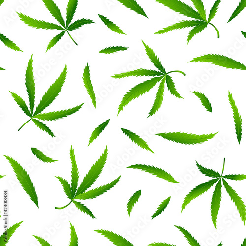 Seamless pattern with realistic cannabis leaf 