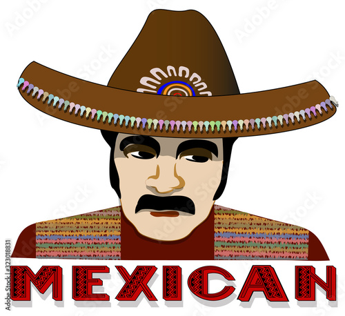 Mexican macho man portrait cartoon wide brim hat