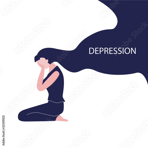 Vector illustration of white woman with long dark hairs sits on the floor and crying. Depression, harrassment, abuse or bullying concept. Design for psyhologist column of mental disease