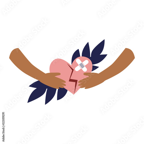 Vector illustration of black hands holding the red heart with wound and patch on it. Depression, harrassment, abuse or bullying concept. Psyhology template