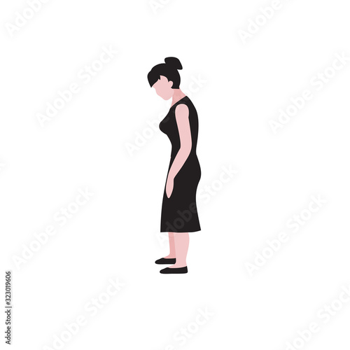 Vector flat illustration of standing woman in black dress. Burn out, stress on work, tired mother or hard working concept