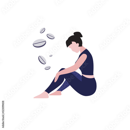 Vector illustration of white woman with  dark hairs sits on the floor and thinking around pills or drugs. Depression, mental disease concept. 