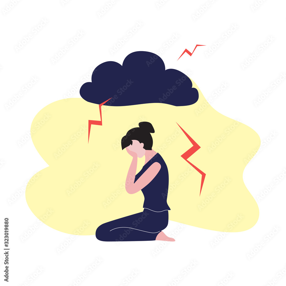Vector illustration of white woman with long dark hairs sits on the floor and crying with dark cloud above head with thunder. Depression, harrassment, abuse or bullying concept. Vector illustration of white woman with long dark hairs sits on the floor and crying with dark cloud above head with thunder. Depression, harrassment, abuse or bullying concept.