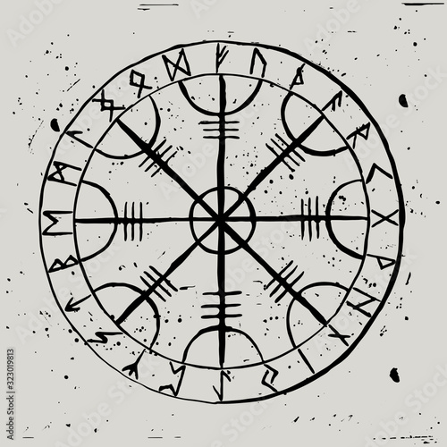Aegishjalmur. Scandinavian runic amulet with a futhark in a circle. Symbol of protection. Helmet of Horror.