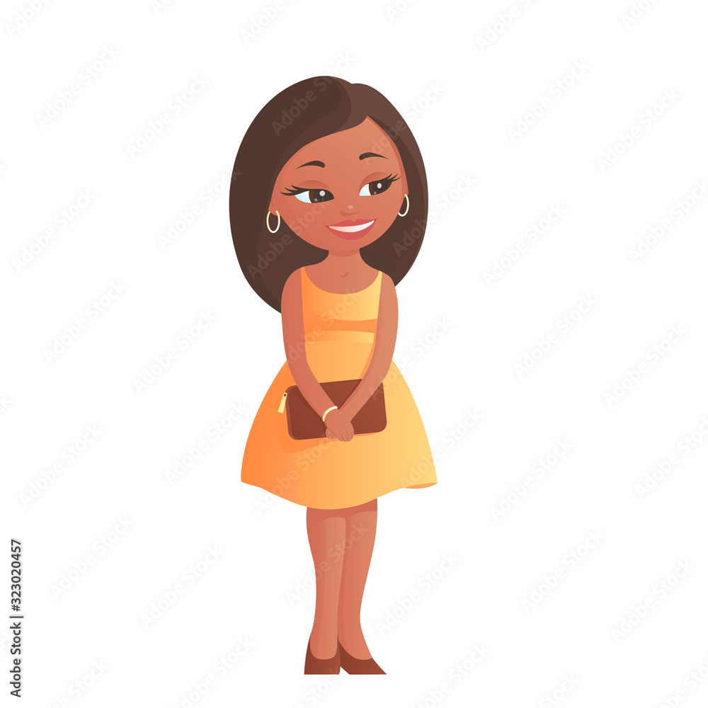 Nice girl is standing in a yellow summer dress. In the hands of a handbag for ladies. There is a smile on his face. Vector cartoon isolated illustration. Nice girl is standing in a yellow summer dress. In the hands of a handbag for ladies. There is a smile on his face. Vector cartoon isolated illustration.
