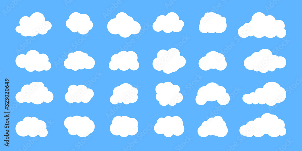Naklejka White cloud flat cartoon set on blue sky background. Abstract different shape clouds icon, weather sign. Fun speech bubble, text box template. Web cloudy service symbol. Isolated vector illustration