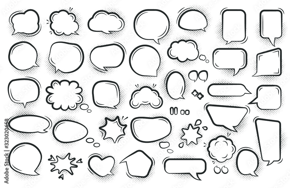 Comic speech bubble set. Cartoon empty text clouds with halftone dot shadow. Different shapes blank pop art line doodle bubbles. Comics message ballon template. Isolated on white vector illustration Comic speech bubble set. Cartoon empty text clouds with halftone dot shadow. Different shapes blank pop art line doodle bubbles. Comics message ballon template. Isolated on white vector illustration