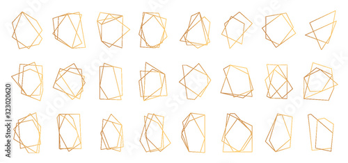 Gold frame abstract polygonal geometric set. Wedding invitation card template empty text banner. Luxury decorative modern pattern. Polyhedron frame design element isolated on white vector illustration