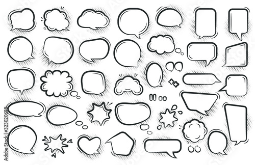Comic speech bubble set. Cartoon empty text clouds with halftone dot shadow. Different shapes blank pop art line doodle bubbles. Comics message ballon template. Isolated on white vector illustration