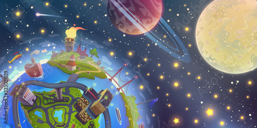 Fantasy space landscape with magic 3d Earth over night sky with stars, Moon and planets illustration in vector, globe drawing over dark cosmos in cartoon style.