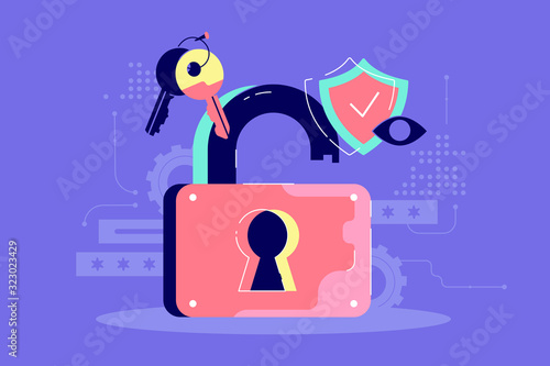 Password security icon of key, protection and open lock.