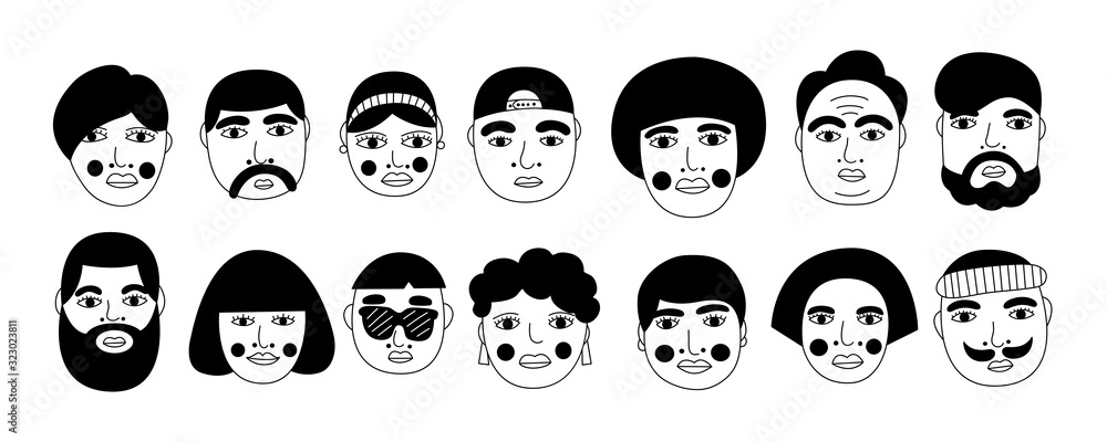 Set of people avatars for social media, website. Doodle portraits fashionable girls and guys. Trendy hand drawn icons collection. Black and white vector illustration. Set of people avatars for social media, website. Doodle portraits fashionable girls and guys. Trendy hand drawn icons collection. Black and white vector illustration.