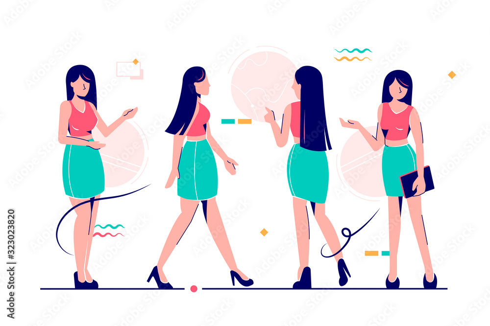 Set woman character poses in green and red modern style clothes. Set woman character poses in green and red modern style clothes.