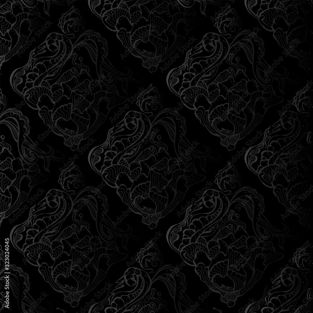 Gothic seamless pattern on a black background. Manually drawn plant elements. Vector 10 EPS.