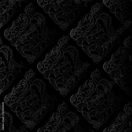 Gothic seamless pattern on a black background. Manually drawn plant elements. Vector 10 EPS.