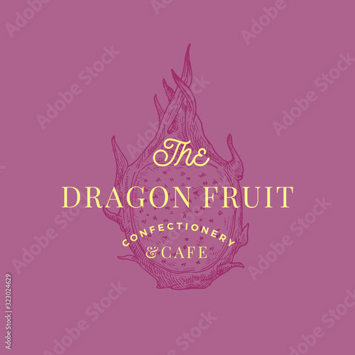 Dragon Fruit Cafe Abstract Vector Sign, Symbol or Logo Template. Hand Drawn Sketch Dragonfruit with Retro Typography. Vintage Luxury Emblem.