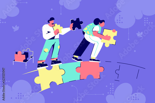Man and woman couple silhouette building puzzle bridge in business.