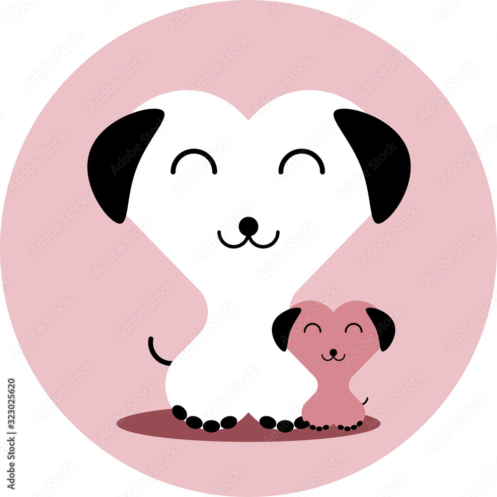 Obraz premium funny dogs in the shape of a heart in cartoon flat style on a round logo background