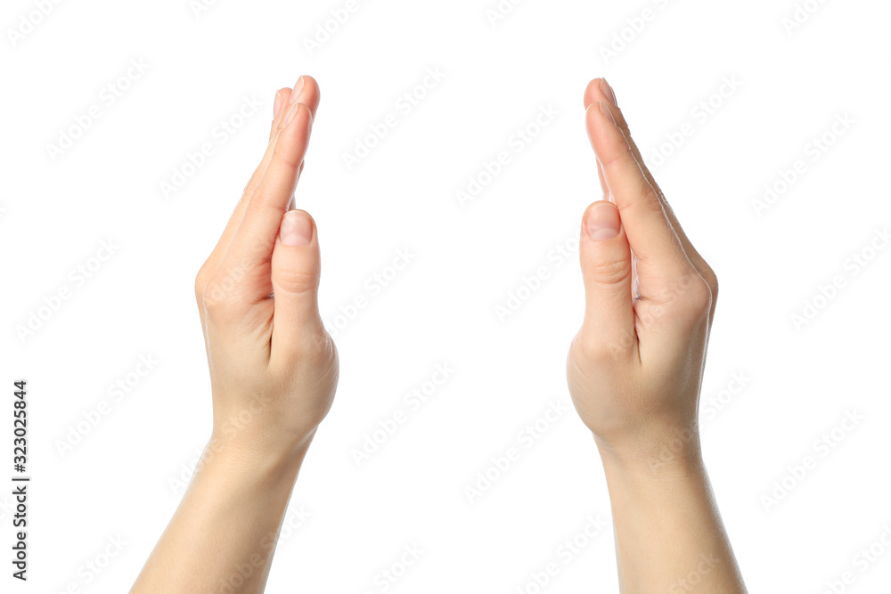 Female hands holds something, isolated on white background Female hands holds something, isolated on white background