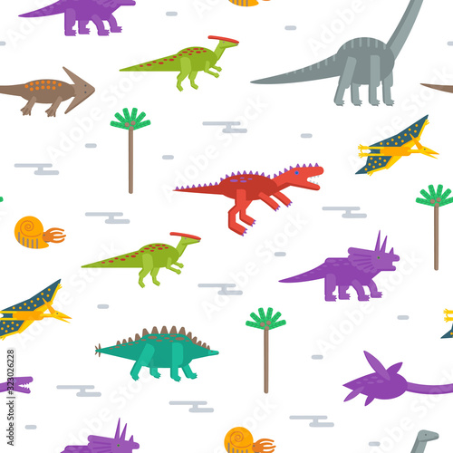 Seamless pattern with flat style icons of dinosaurs. Background for different design.