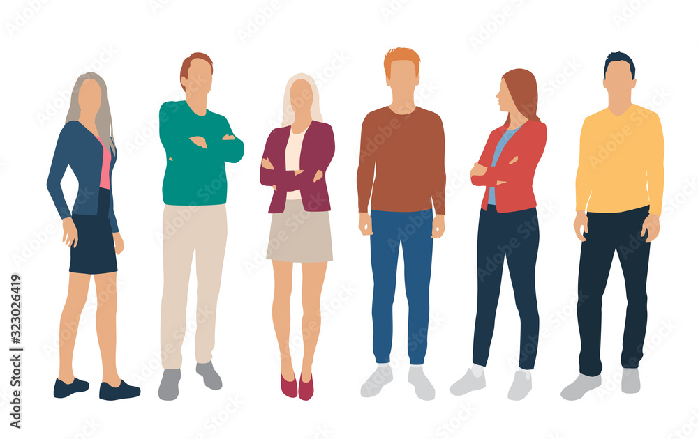 Set of men and women, different colors, cartoon character, group of silhouettes standing business people, flat icon design concept isolated on white background