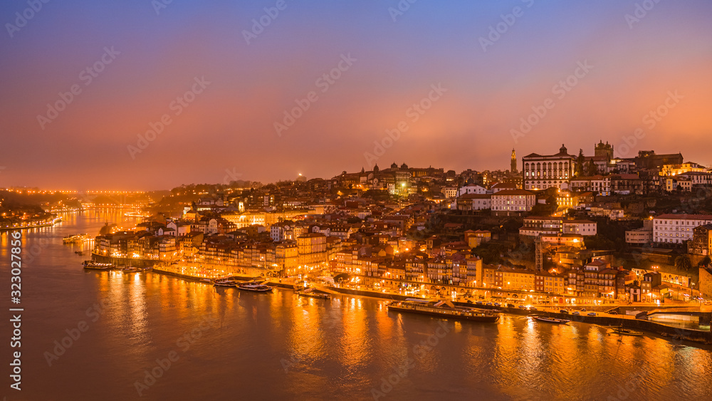 Panorama of old city Porto at sunset.