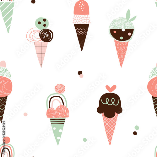 Decorative paper cut doodle textured ice cream vector seamless pattern. Childish Scandinavian dessert in waffle cone with squiggle, zigzag, line, dot texture background. Summer kid design.
