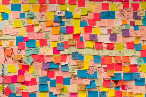 New Yorkers are covering the subway station wall in emotional election sticky notes after the presidential election 2016 at Union Square Station New York City NY USA on Nov. 13 2016. photo