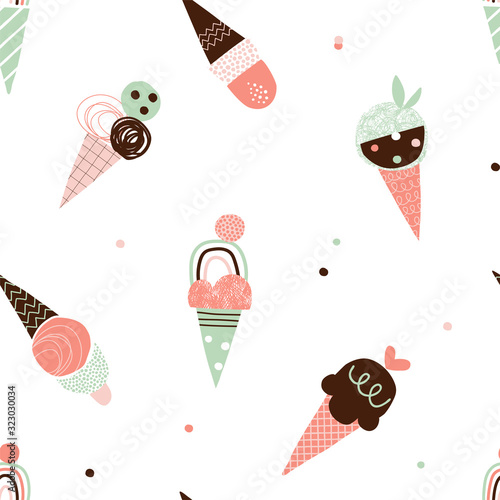 Decorative paper cut doodle textured ice cream vector seamless pattern. Childish Scandinavian dessert in waffle cone with squiggle, zigzag, line, dot texture background. Summer kid design.