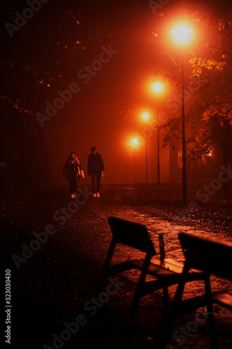Silhouette couple walking in the park during foggy night