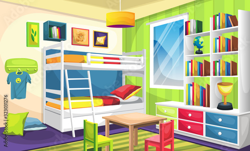 Clean Kids Sleep Room with Bunk Bed, Desk with full of books and trophy, Ceiling Lamps, Wall Picture, Hangers, Bed, Pillow for Vector Illustration Interior Design Ideas