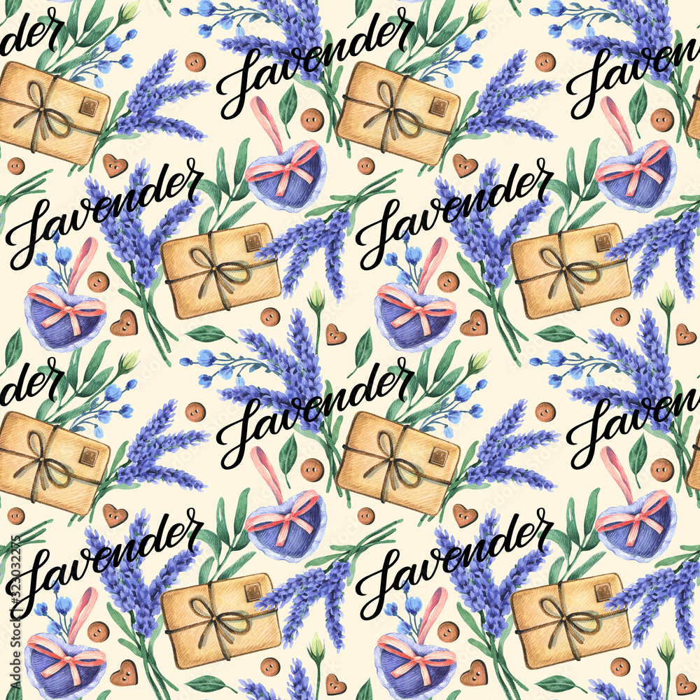 Seamless pattern with mail envelopes and lavender flowers. Watercolor illustration for design, wrapping paper, packaging, template.