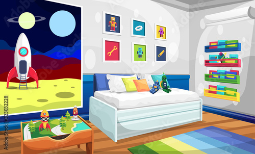Clean Kids Room with Relaxing Sofa, Rocket Space Picture, Robot Alien Wall Picture, Books and Table for Vector Illustration Interior Design Ideas