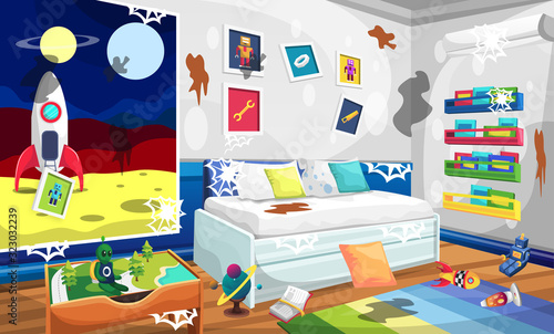 Dirty Kids Room with Relaxing Sofa, Rocket Space Picture, Robot Alien Wall Picture, Books and Table for Vector Illustration Interior Design Ideas © VectorTower