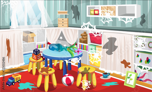 Dirty Kids Corner Room with Table, Flower Canvas, Box of Toys, Dice, Truck Toys in the Shelf Cabinet with Curtain and Chairs for Vector Illustration Interior Design Ideas