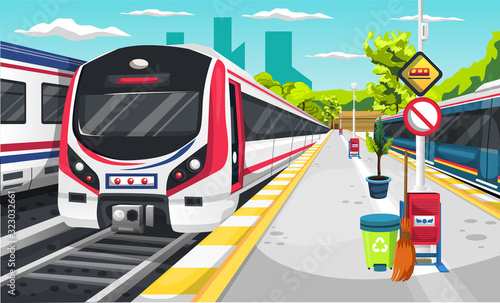 Clean Train Station with Electric Train Locomotive, Recycle Trash, Broom, Traffic Sign, and Green Tree for Vector Illustration Design Ideas