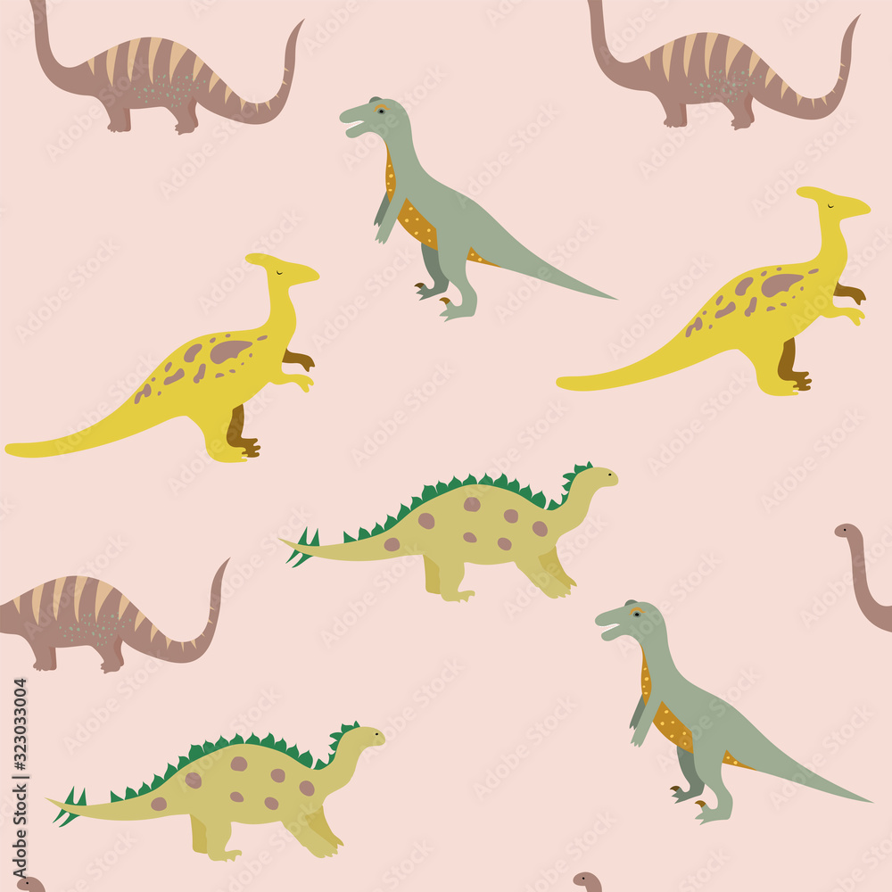 Vector  seamless cartoon pattern with  cute dinosaur's Characters  on the pink background . Childish print for textiles, wallpapers, designer paper, etc