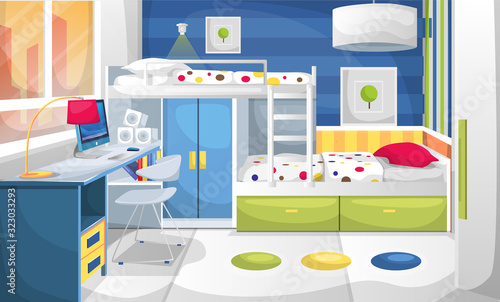 Study and Sleep Room for Kids with Desk Table Computer, Wall Painting, Wardrobe Desk and Bunk Bed for Vector Illustration Interior Design Ideas