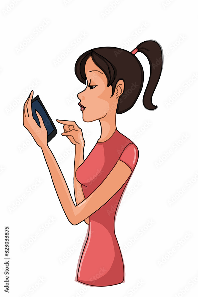 Φωτογραφία cartoon half body girl or woman  and mobile phone in hand illustration hand draw