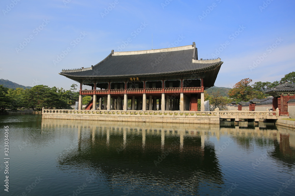 Hyangwon-jeong, an ancient pavilion constructed on an island in a lotus pond, in Gyeongbokgung (Gyeongbok Palace)