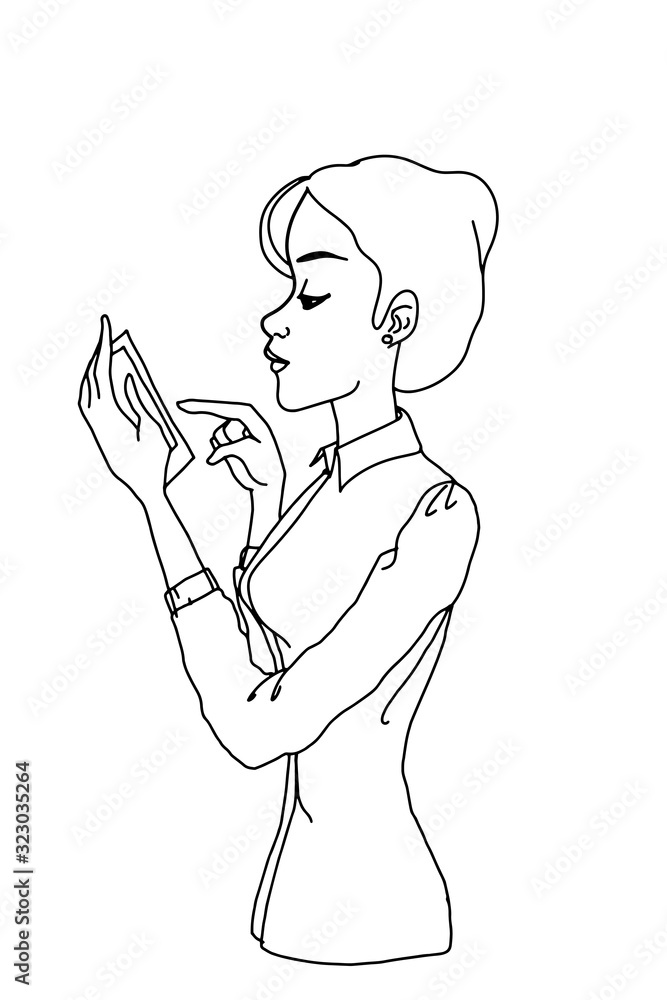 Φωτογραφία cartoon half body girl or woman  and mobile phone in hand illustration hand draw