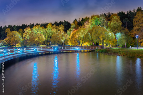 Moscow. October 6, 2019. Autumn night landscape at Meshchersky Pond © fotiy