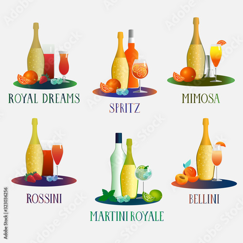Set of prosecco coctails with their ingredients