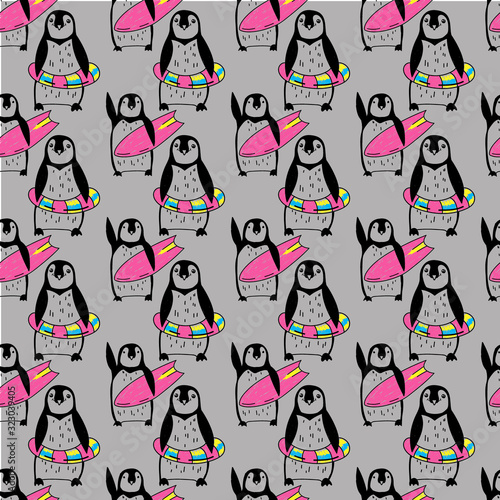 Seamless pattern with penguins. Drawing by hand in vintage style. A sketch, an ink drawing. Cute children's background. Bright, summer colors.